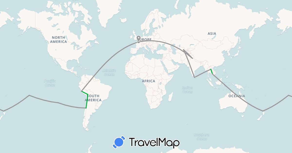 TravelMap itinerary: driving, bus, plane in Argentina, Bolivia, Chile, France, India, Cambodia, Laos, Sri Lanka, New Zealand, Peru, French Polynesia, Uzbekistan (Asia, Europe, Oceania, South America)
